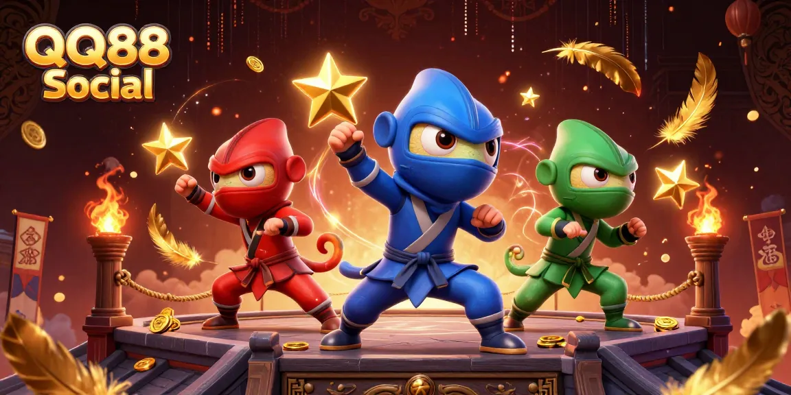 Engaging QQ88 Social action scene featuring colorful ninja chameleons and dynamic casino elements