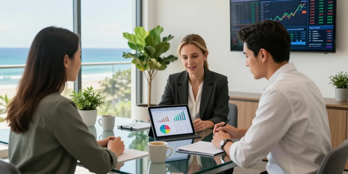 Financial advisory consultation on the Gold Coast Queensland Australia with advisor and client reviewing investment plans.