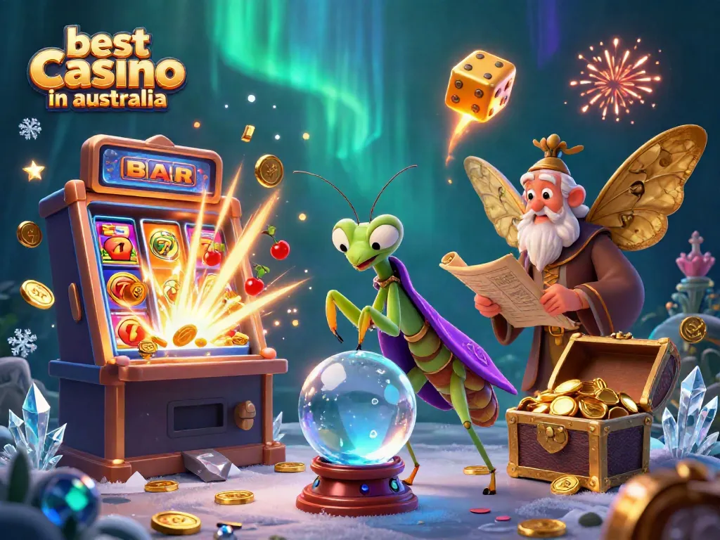Experience the best casino in australia with a whimsical scene featuring a fortune teller and floating oracles amid vibrant gaming symbols.
