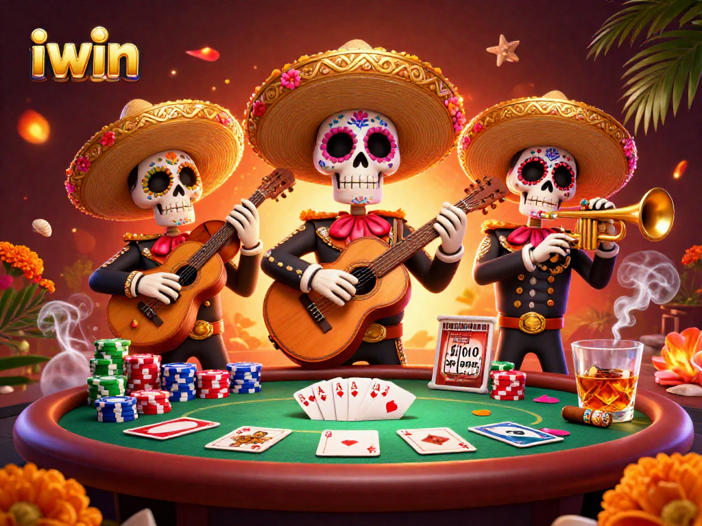 Experience the vibrant energy of iwin with a winning poker scene featuring festive mariachi band characters.