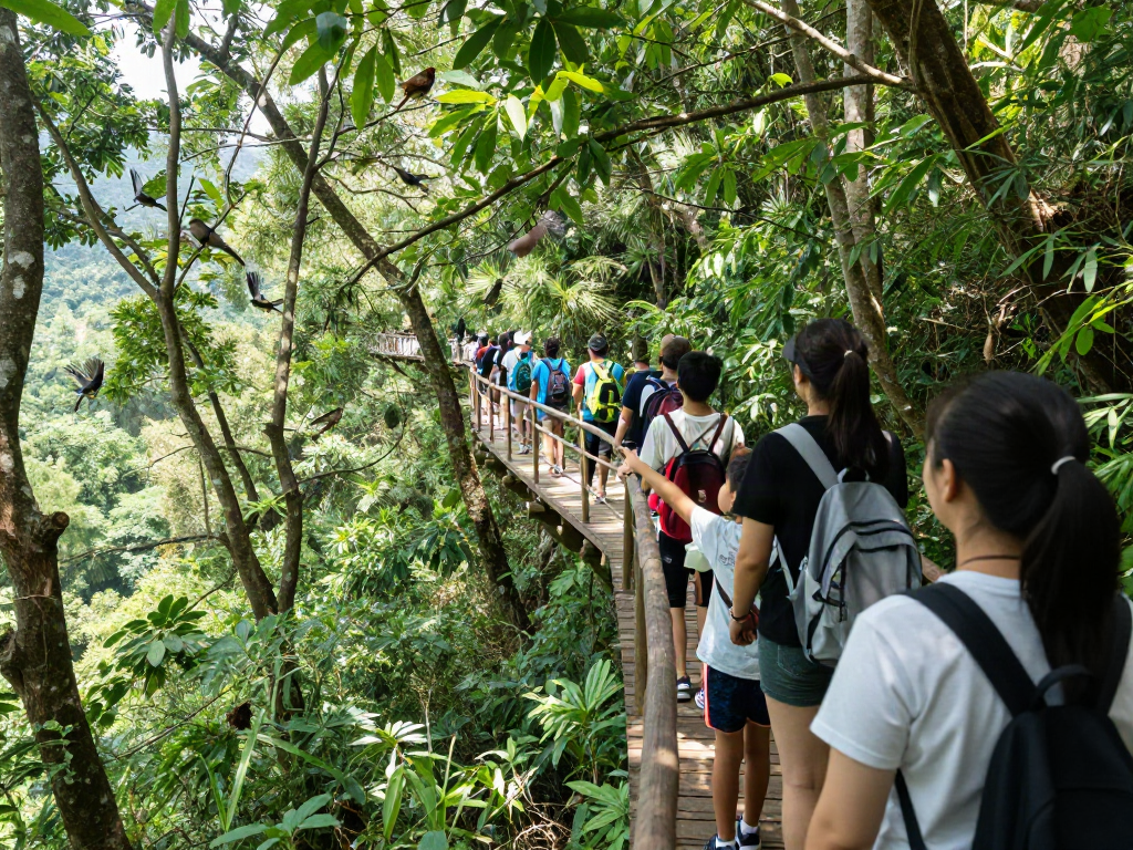 Treetop Walkway showcasing visitors enjoying an elevated nature experience among lush trees and wildlife.