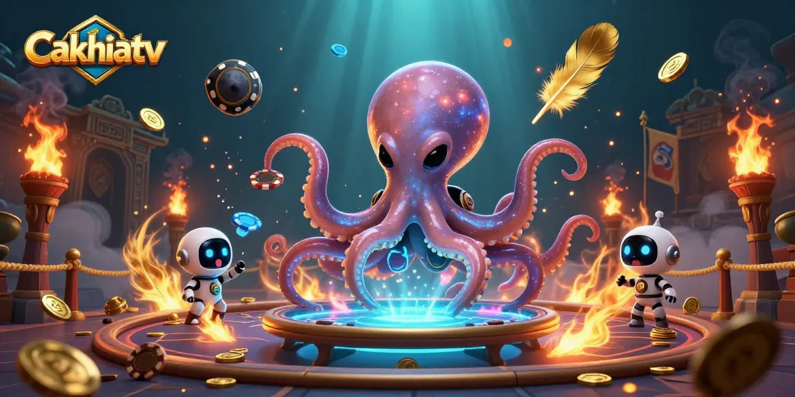 Experience thrilling gameplay at Cakhiatv with an alien octopus at a holographic poker table.