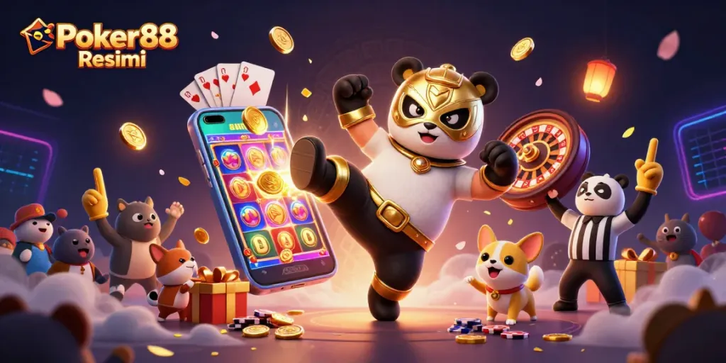Engage with vibrant gameplay showcasing Poker88 Resmi, featuring a panda wrestler and festive casino elements.