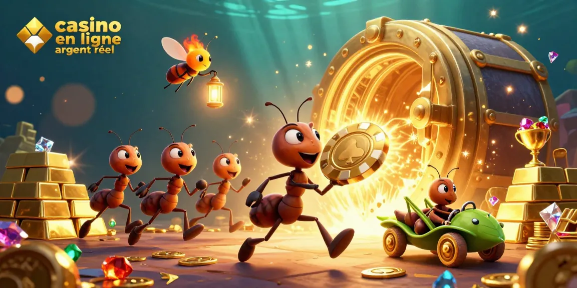 Illustration d'une équipe de fourmis dans un casino en ligne argent réel transportant un jeton de poker doré.