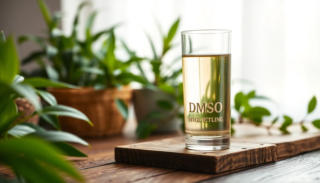 Showcasing the benefits of drinking dmso in a clear glass placed amidst greenery on a wooden table.