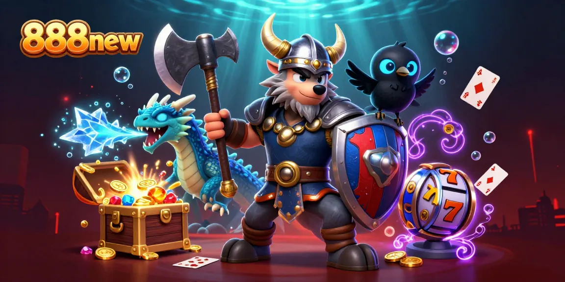 Engage in thrilling gameplay with 888new, featuring a fierce Viking warrior and dynamic casino elements.