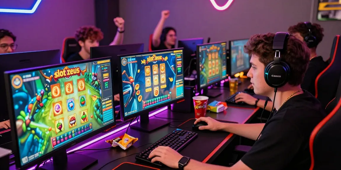 Engaged player in "slot zeus" gaming environment with dynamic visuals and gaming setup.
