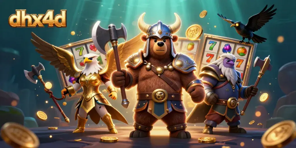 Visualisasi menarik tentang dhx4d dengan beruang Viking dan simbol slot yang bersinar.