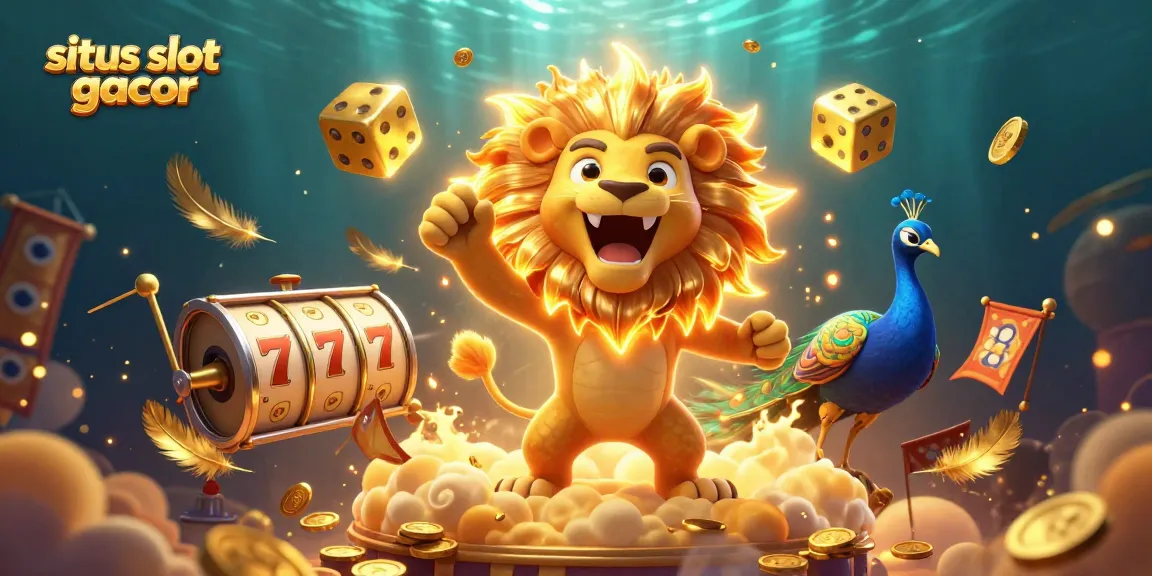 Slot gacor beraksi dengan singa matahari 3D yang mengaum di awan emas, dikelilingi koin dan simbol permainan.