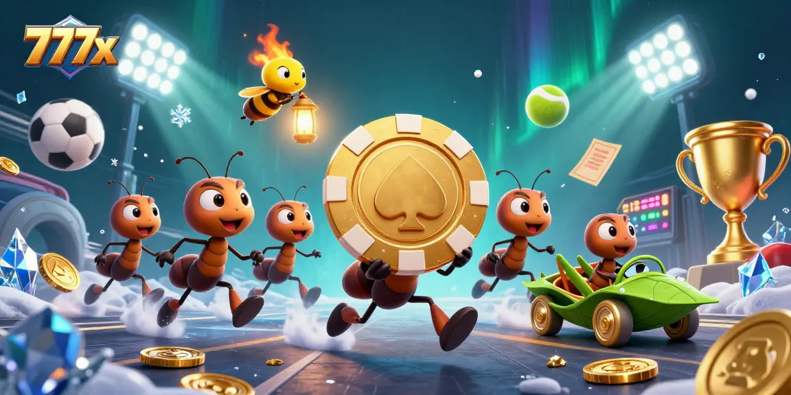Join the adventure with 777x as cartoon ants heist a giant poker chip amidst dynamic sports elements.