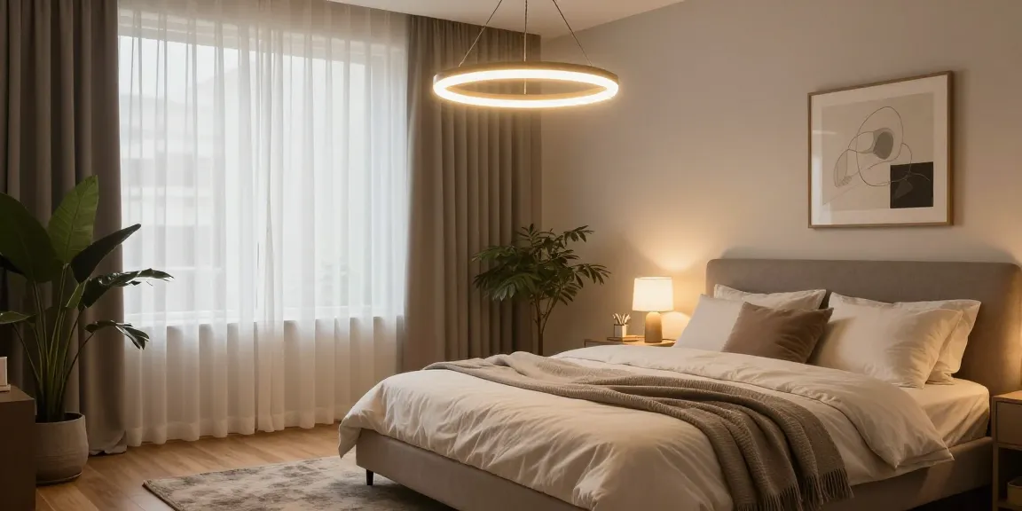 Lustra dormitor modernă suspendată în cameră, cu atmosferă caldă și decor elegant.