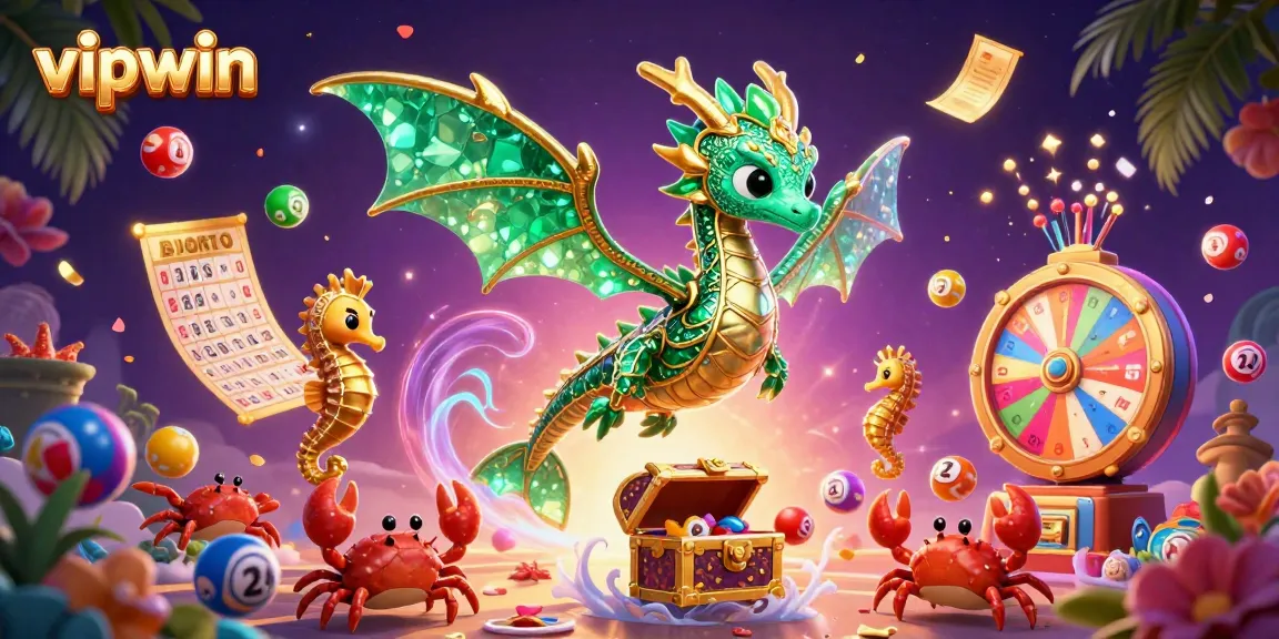 Win big with vipwin in a dynamic 3D casino scene featuring vibrant lottery elements.