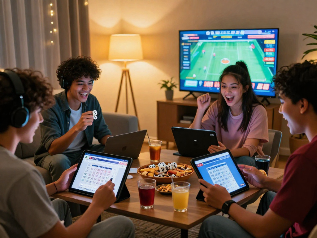 Dewatogel online gaming scene with friends enjoying togel on devices in vibrant living room.