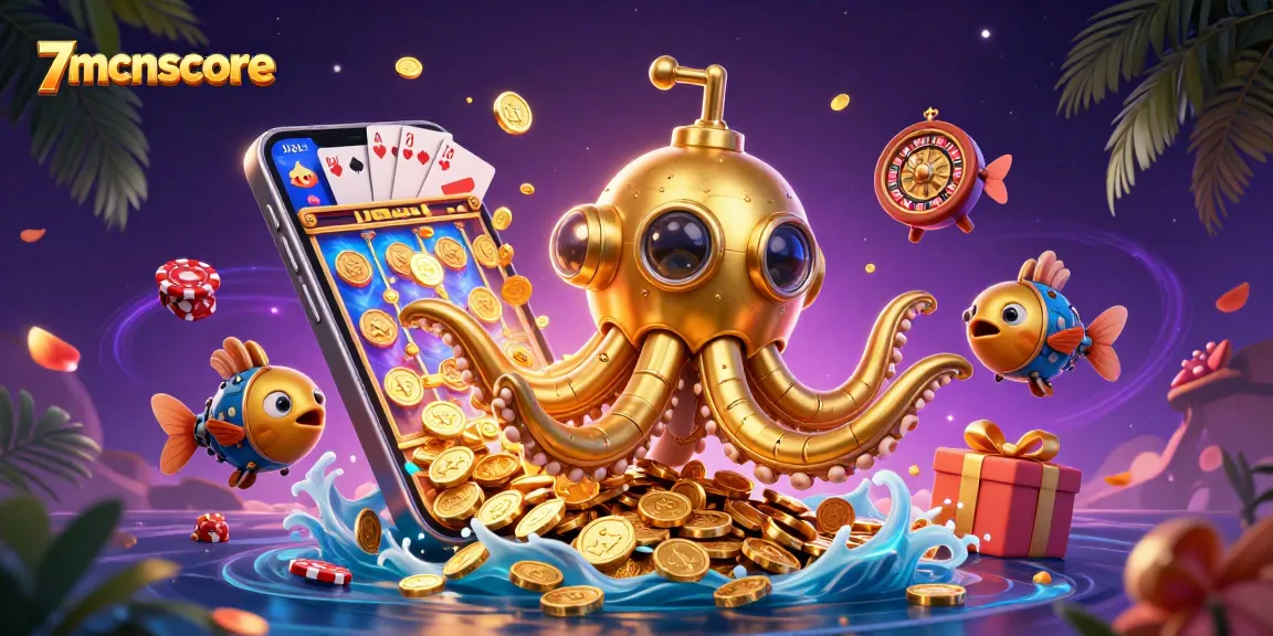Experience excitement with 7mcnscore as a golden kraken submarine emerges from golden coins.