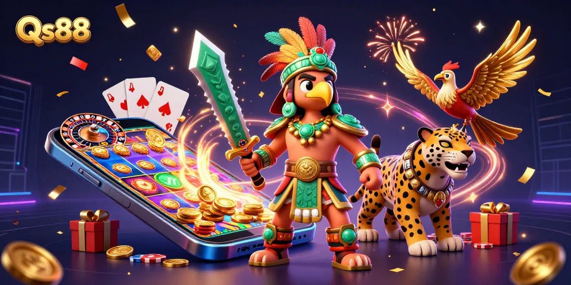 Experience thrilling gameplay with Qs88 as Aztec warriors surround vibrant casino elements.