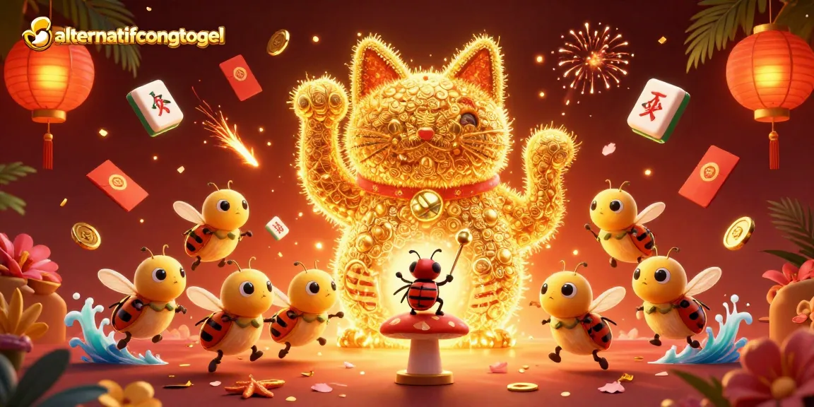 Experience vibrant gameplay at alternatifcongtogel with a lucky cat and gold symbols in a colorful 3D scene.