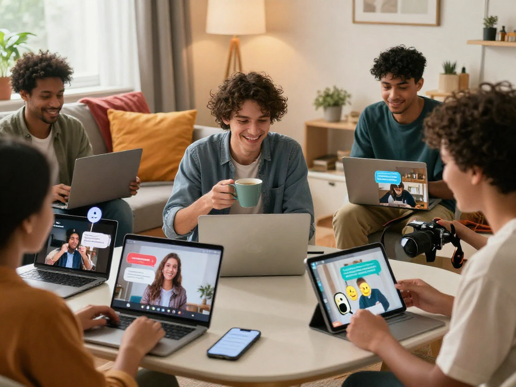 Engaging sex chat scene featuring diverse individuals interacting warmly in a cozy setting.