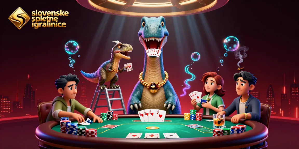 Slovenske spletne igralnice v edinstvenem slogu z brontosaurusom, ki gleda na poker mizo.