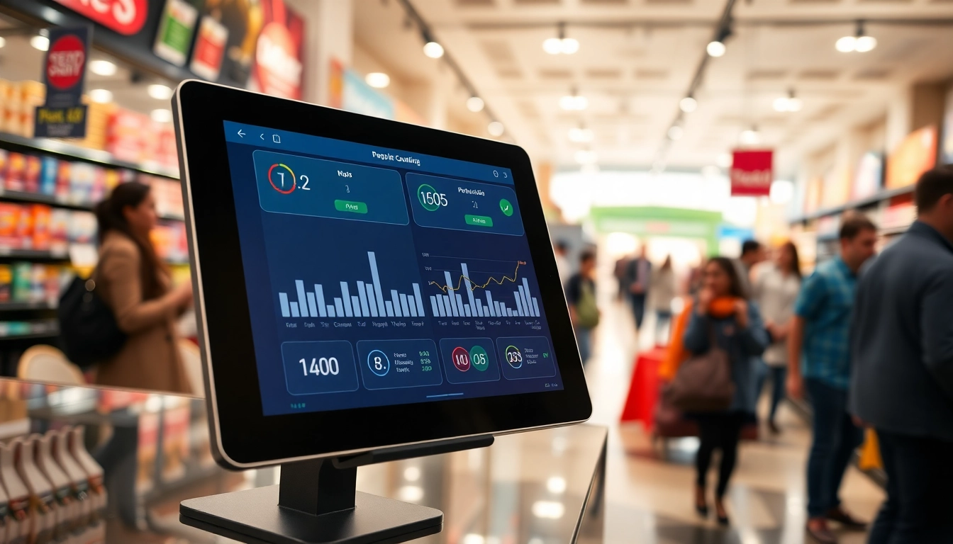 Engaging interface of people counting software on a tablet amidst a bustling store environment.