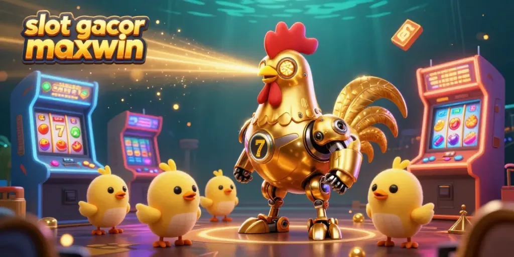 Experience the excitement of slot gacor maxwin with a high-energy 3D colorful casino scene filled with playful characters and game elements.