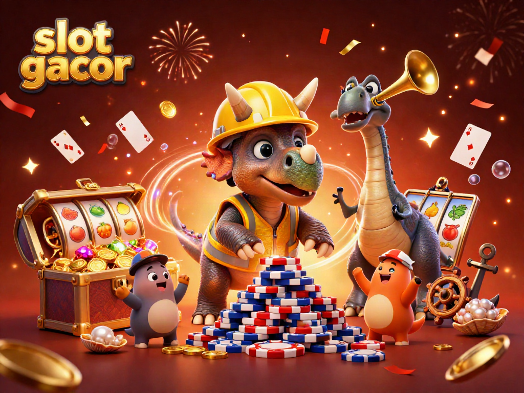Ilustrasi 3D slot gacor dengan triceratops membangun tumpukan chip poker dan perayaan dikelilingi barang kasino.