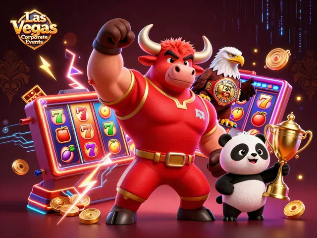 Experience exciting Las Vegas Corporate Events with a dynamic scene of casino symbols and mascots.