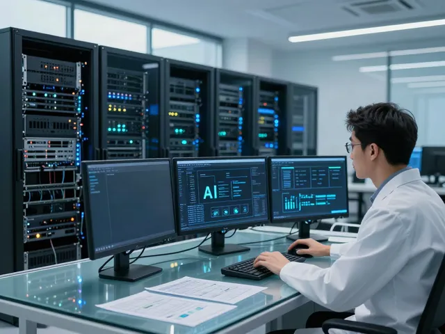 AI inference systems in a modern GPU data center, showcasing advanced technology and engineering.