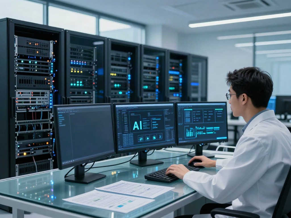 AI inference systems in a modern GPU data center, showcasing advanced technology and engineering.