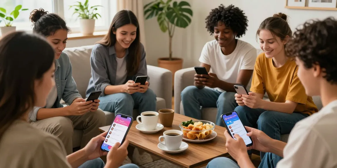 Engaged singles on HundRoses dating platform connecting via their smartphones in a cozy living room.