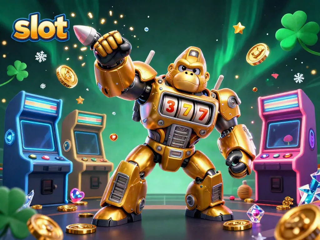 Menggiring slot di BMWSLOT88 dengan gorilla emas dan mesin permainan yang bersinar.