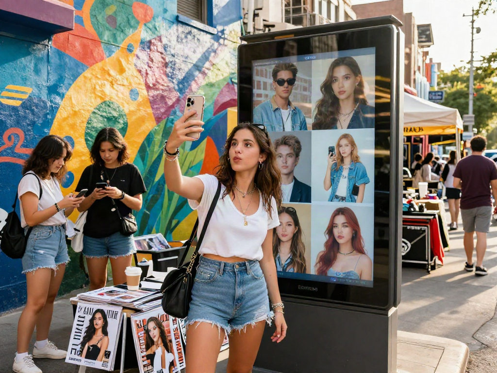 Young woman comparing her selfie on a smartphone to images of celebrities in a lively urban setting, showcasing looks like a celebrity.