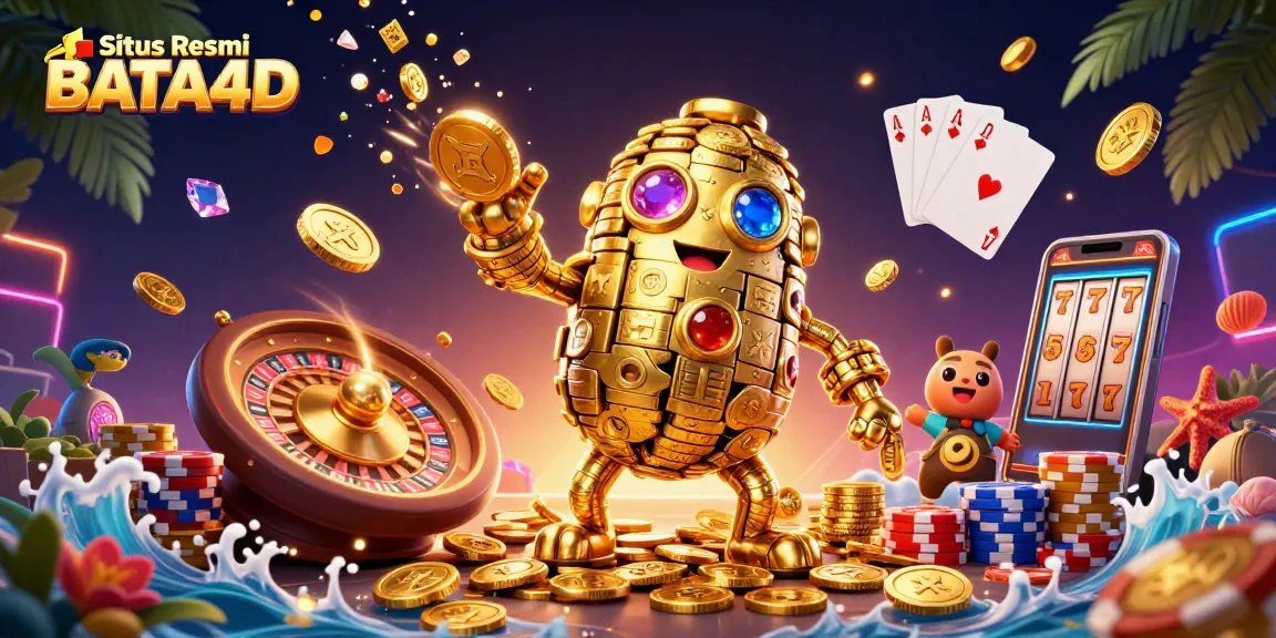 Engage with the Situs Resmi BATA4D, featuring a stunning golden golem amidst cascading coins and vibrant casino elements.