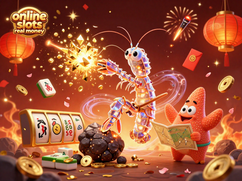 Experience thrilling online slots real money with vibrant 3D characters and casino elements exploding in a festive scene.
