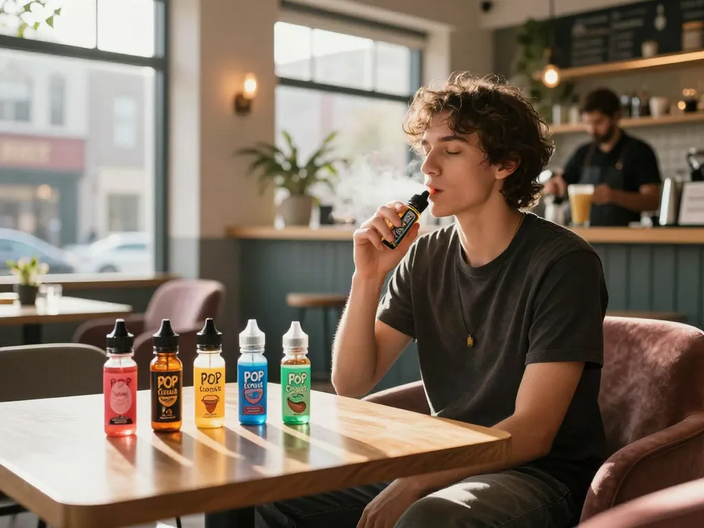 Enjoying Pop Clouds Butterscotch vape juice in a vibrant café atmosphere.