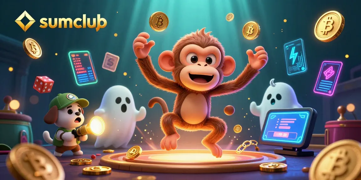Experience thrilling gameplay with sumclub's dazzling casino scene showcasing a poltergeist monkey and ghost-hunter puppy.