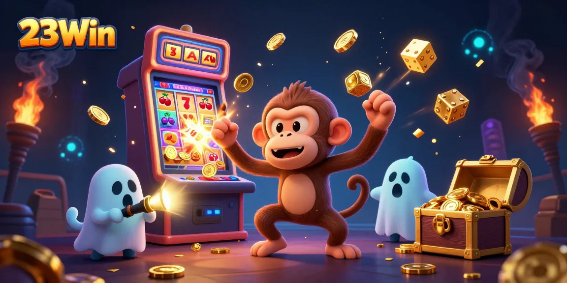 Experience exciting gameplay at 23Win with a playful poltergeist monkey and ghost-hunter puppy in a vibrant casino scene.