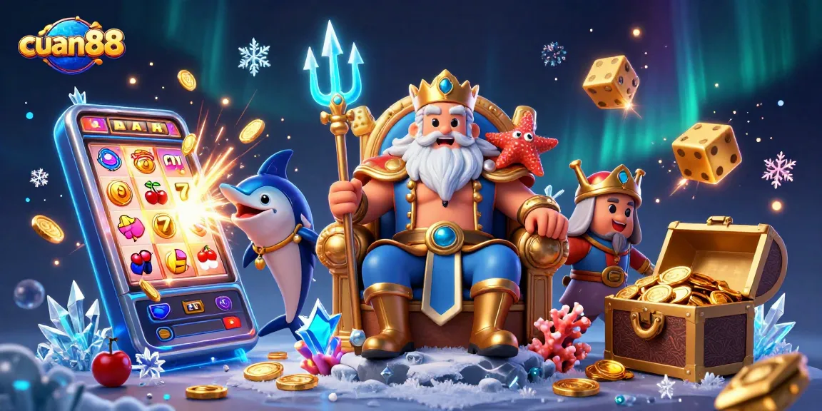 Permainan di cuan88 dengan raja laut dan jackpot slot yang melimpah, suasana kasino yang menegangkan.
