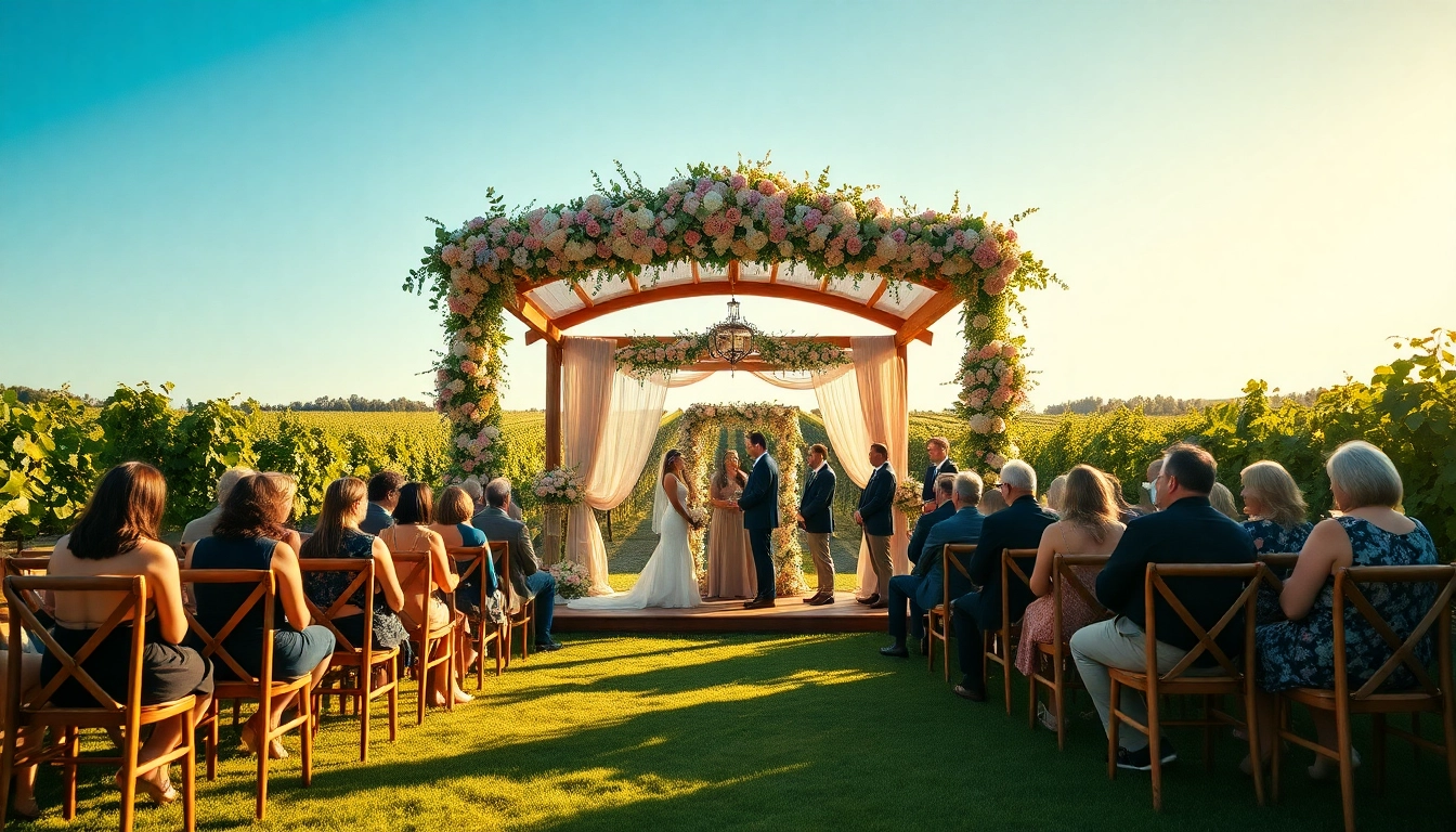 Stunning winery wedding sacramento ceremony in a sunlit vineyard with floral decorations and a wooden altar.