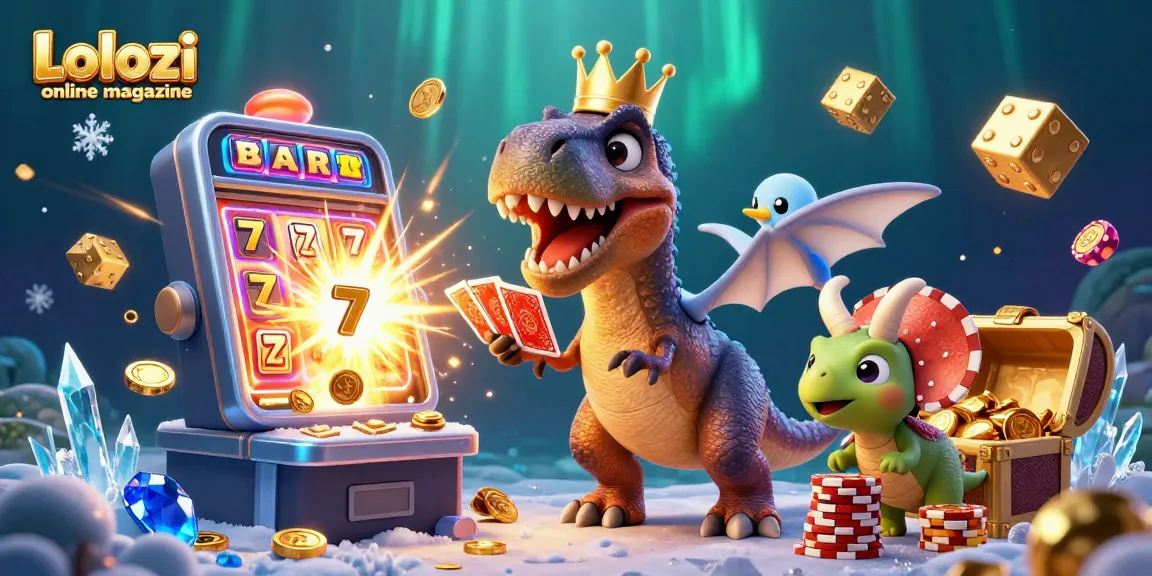 Lolozi online magazine showcases a vibrant 3D casino scene with a T-Rex, pterodactyl, and triceratops amidst jackpot excitement.