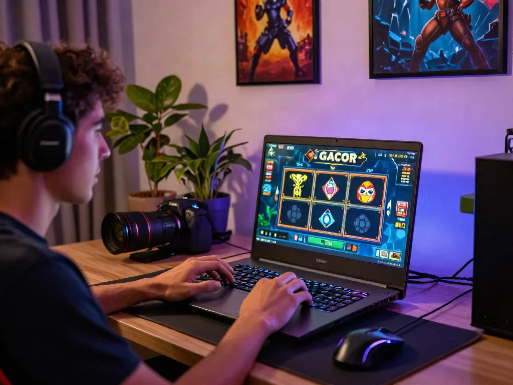 Engaged player enjoying slot online gacor on a laptop with vibrant game graphics and gaming accessories.