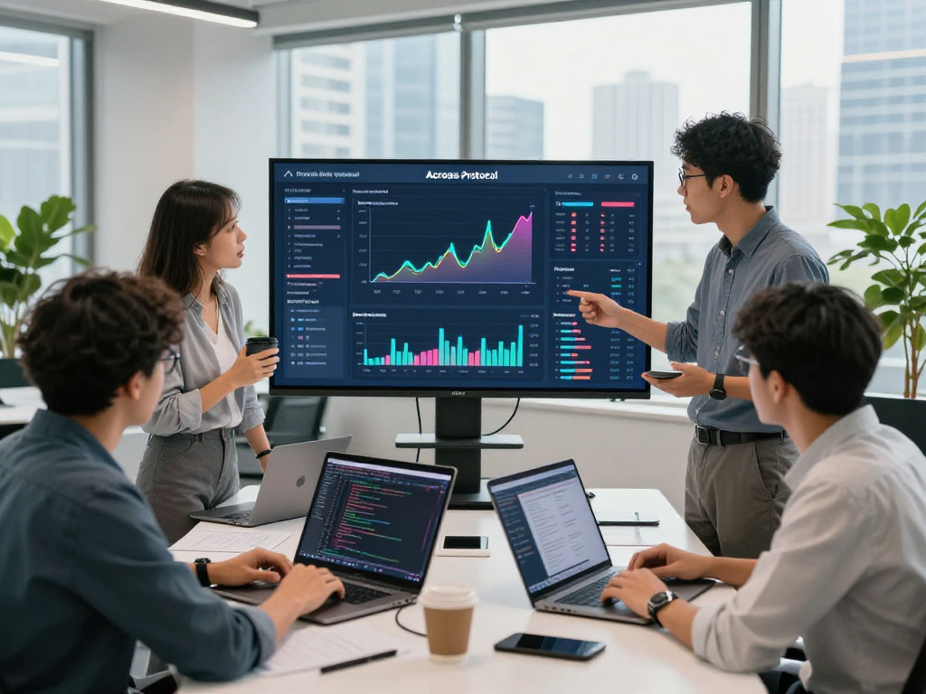 Team collaborating on acrossprotocol metrics and cross-chain strategies in a modern office.