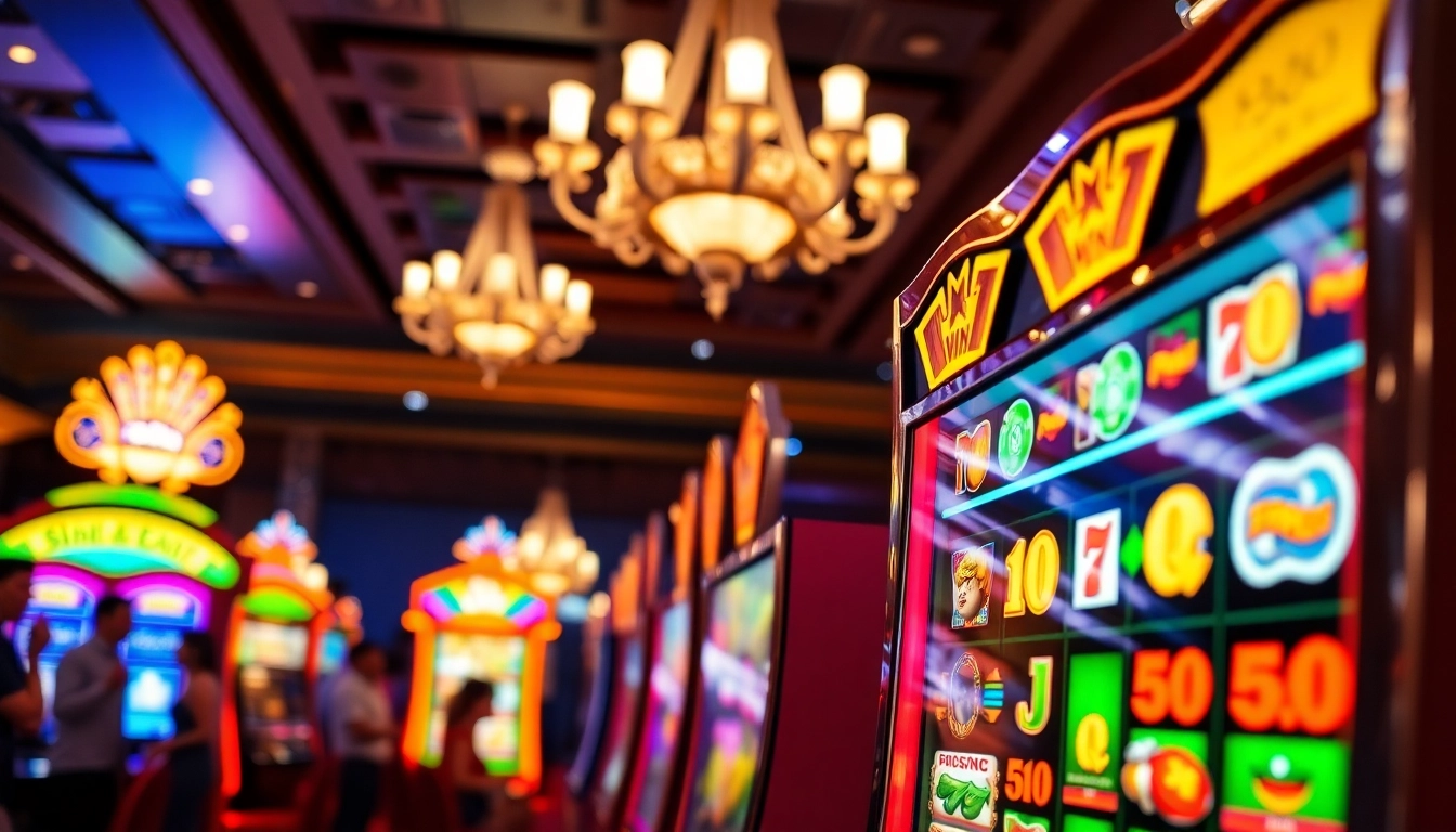Engaging slot gambling experience with vibrant slot machines and celebrating players.