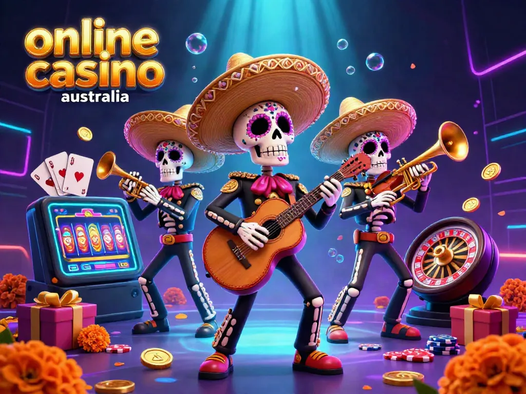 Experience the thrill of online casino Australia with a vibrant 3D mariachi band celebrating wins in a colorful setting.