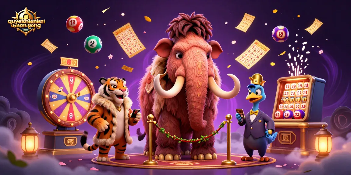 Join the adventure in quyetchientienthuong, where a woolly mammoth checks IDs near colorful lottery elements.