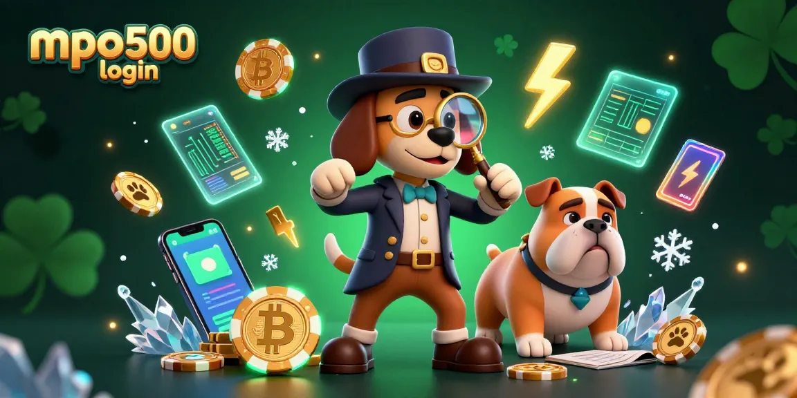 Play games easily with mpo500 login, featuring a detective dog duo investigating poker clues amidst crypto symbols.
