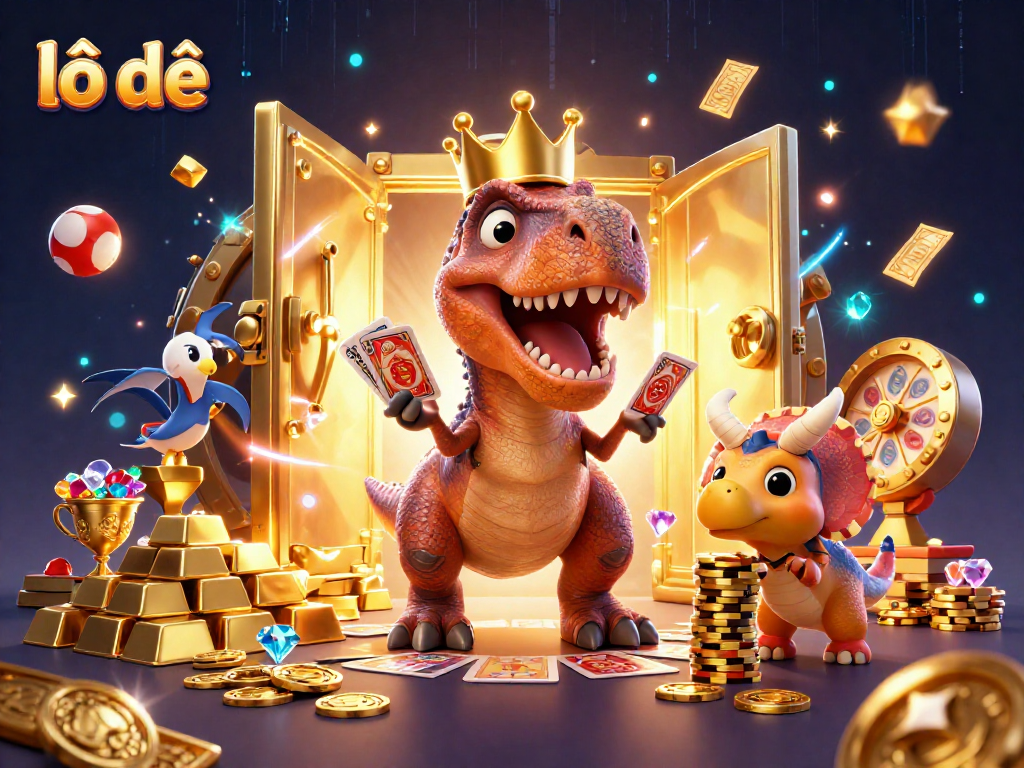 Engaging lô đề themed lottery scene with a T-Rex, lottery balls, and gold treasures.