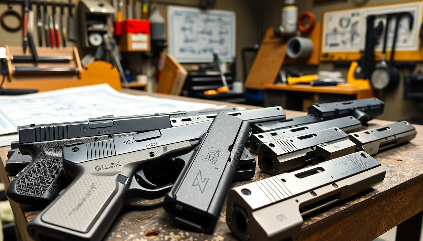 Showcase of glock 19 slides highlighting craftsmanship and design in a professional environment.