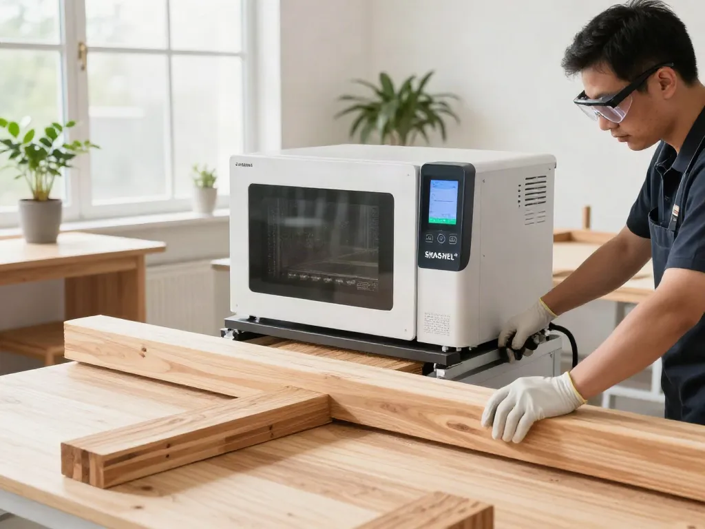 SHASHEL® microwave equipment effectively treating wood, showcasing modern technology and professional atmosphere.