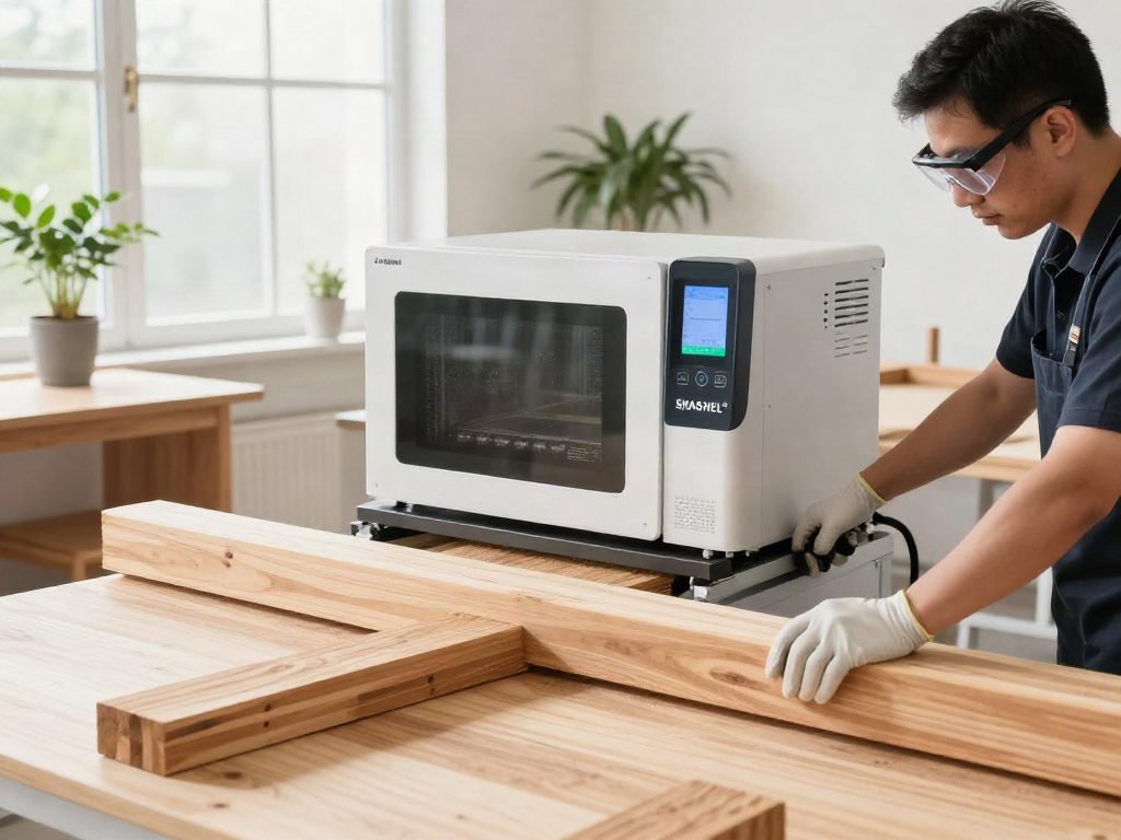 SHASHEL® microwave equipment effectively treating wood, showcasing modern technology and professional atmosphere.
