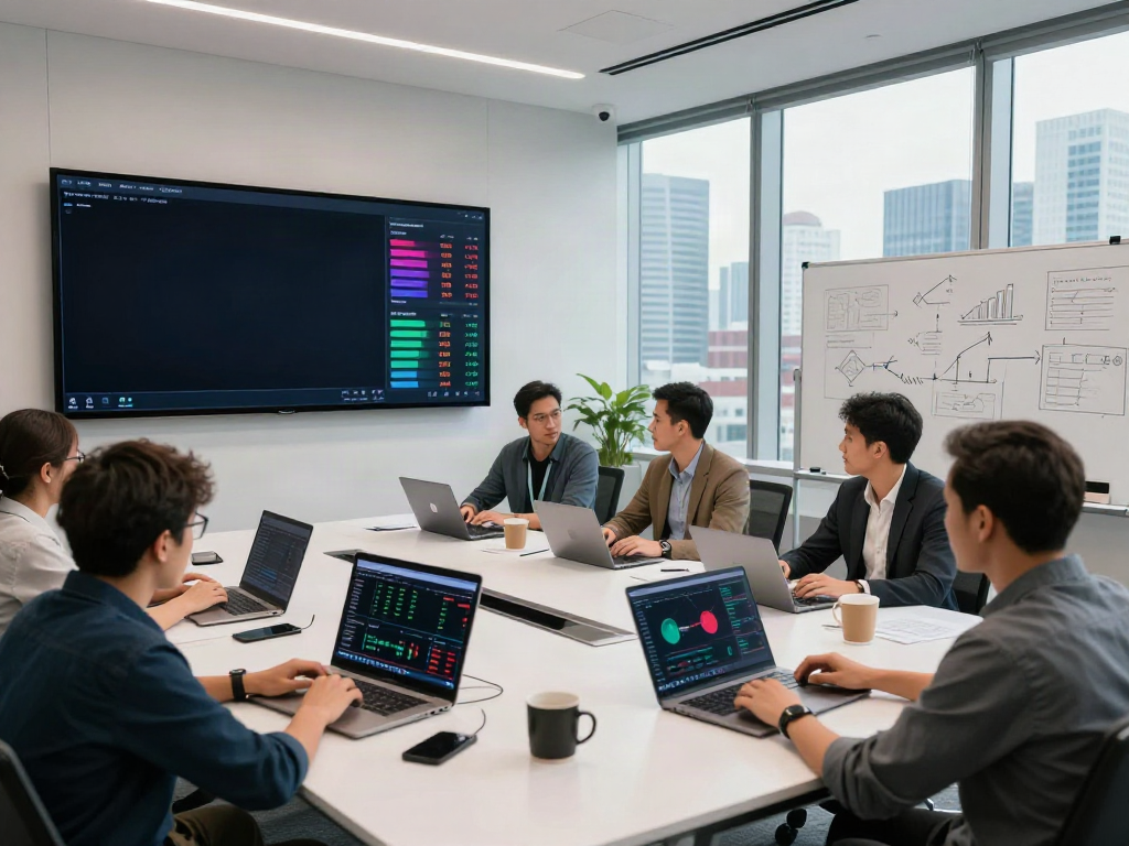 Dynamic fintech workspace showcasing 量化交易数据接口 on digital screens with crypto trading insights and analytics.